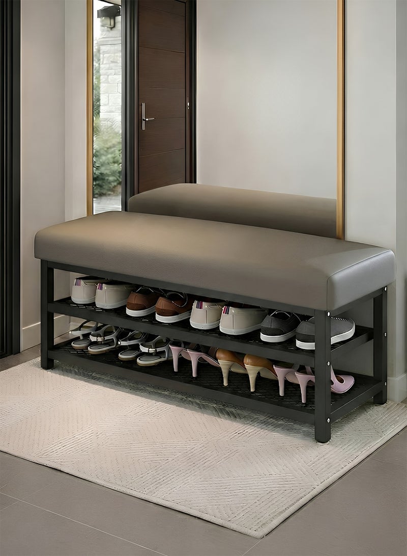 Taimi 2-Tier Shoe Organizer Rack 80cm with Faux Leather Padded Seat and Steel Frame, for Bedroom and Hallway - Gray/Black - Image 1